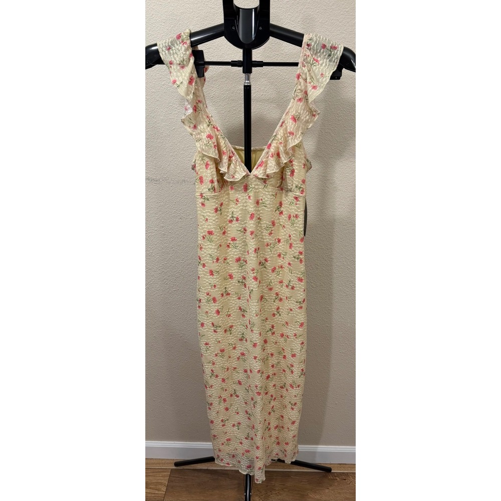 Wild Fable Yellow Pink Floral Lace Ruffle Midi Dress Medium NWT